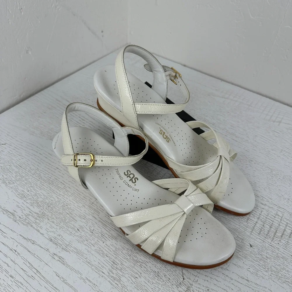 SAS Strippy Tripad Comfort Women's 9 N Cream White Leather Wedge Sandals Strappy